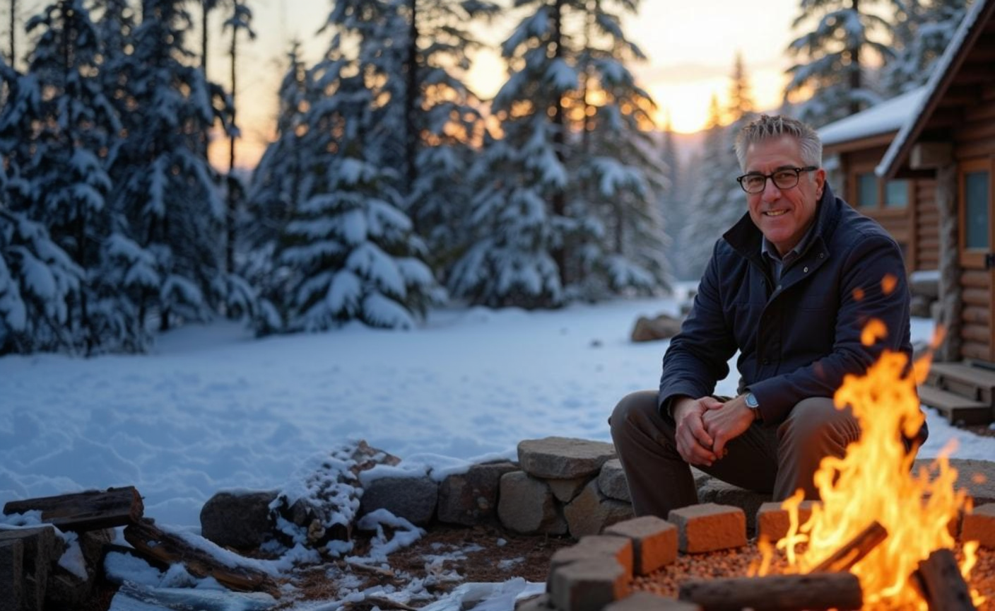 Jim Odom sitting by a campfire in a snowy winter outdoor scene